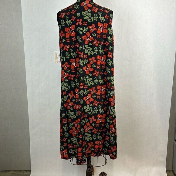 NEW Floral Kimono Long Vest Sleeveless Black Red Flowers Green Leaves Sz M Joy - Picture 4 of 7